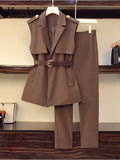 Office Ladies Solid 2 Piece Sets Womens Outfit For Women Notched V Neck Blazer Vest And Pants Sets For Women