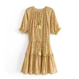 Queens Women Floral Print Tassel Elastic Waist Beach Bohemian Dresses Ladies Ruffles Rayon Boho Mini Dress