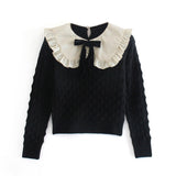 Fashion Women Sweaters Sweet Patchwork Ruffled Knitted Sweater Vintage Peter Pan Collar Pull Femme Winter Pullovers