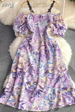 Vintage Slash Neck Off Shoulder Printed Dress Elegant Puff Short Sleeve High Waist A-Line Spaghetti Strap Vestidos