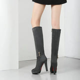 Women Flock Platform Square High Heel Knee High Boots Fashion Zipper Boots Autumn Winter Woman Shoes Black Brown Wine