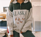 Women Sweatshirt Oversized Alaska Letter Fashion Vintage POLO Collar Casual Pullovers Long Sleeves Winter Hoodie Fleece