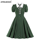 Green Vintage Retro 50s 60s Women Dress Polka Dots Printed Short Sleeve Turn Down Collar Rockabilly A Line Party