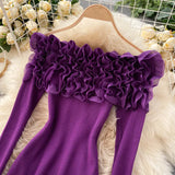 Slash Neck Off Shoulder Knitted Tops Women Elegant Purple/Red/White 3D Flower Long Sleeve Slim Shirt Female Blouse