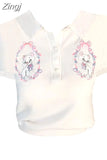 Women Tees Y2k Cropped Tops Tees Girl Cute Sexy Clothing Streetwear Short Sleeve Polo-neck Kawaii Cat Embroidery T