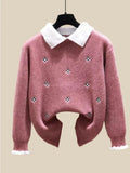 Knitted Two Piece Set Womens Outfits Korean Casual Turn Down Collar Long Sleeve Embroidery Knitted Sweater+skirts