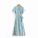 Queens Women Floral Print Cross V-neck Beach Bohemian Maxi Dress Ladies Ruffles Boho Pleated