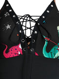 Casual Women Dress 3XL Dinosaur Print Lace Up Cami A Line Dress Vestidos Sexy Summer Party Dress