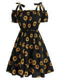 Boho Dress Women 3XL Cold Shoulder Self Tie Sunflower Print Dress Square Neck Fashion Party