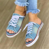 summer open-toe fish mouth denim lace-up shoes casual flat shoes ladies large canvas
