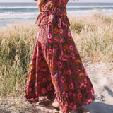 Queens Fashion Hippie Women Beach Bohemian Red Floral Print Skirt High Elastic Waist A-Line Boho Maxi Skirts