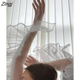 Fashion Elegant Women's Long Gloves New Solid Color Gauze Ruffles Patchwork White Mittens Female Tide Summer 2023