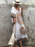 Indie Folk Printed Caftan Beach Dress Side Split Half Sleeve Women Summer Beachwear Long Cotton Robe de plage