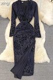 Printed Bodycon Party Dress Women Vintage V-Neck Long Sleeve High Waist Elegant Sheath Vestidos Spring Autumn