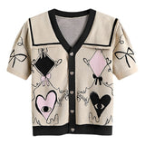 Sailor Collar V-neck Knitted Crop Tops Y2k Aesthetic Eyes Heart Graphic Tee Woman Tshirts Sweet Girl Korean Ladies