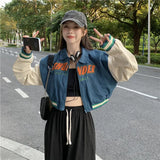 Streetwear Women Retro Letter Crop Baseball Coats Fall Harajuku Turn-down Collar BF Jackets Casual Korean Outwear Y2k