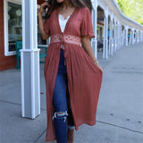 Patchwork Plunging Neck Self Belted High Waist Beach Tunic Dress Summer Beachwear Solid White Front Open Long Dress