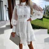 Hollow Out Long Sleeved Waist Office Dress New Spring Lace Patchwork Dress Chic Women O-neck Pearl Button Solid Mini