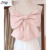 2023 New Women Fashion Slim Fit Solid Color Strapless Sleeveless Patchwork Bow Backless Sling Top And Autumn