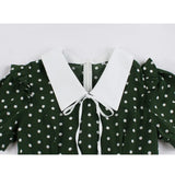 Green Vintage Retro 50s 60s Women Dress Polka Dots Printed Short Sleeve Turn Down Collar Rockabilly A Line Party