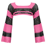 Pastel Goth Aesthetics Striped Print Knitted Crop Pullover Women Fashion Y2K Cute O-neck Hollow Out Crochet Covers