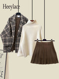 Winter Warm Clothes For Women French Vintage Notched V Neck Plaid Woolen Coats+knitted Sweater+pleated Skirts 3 Piece