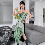 Handwriting Designer Bodycon Halter Neck Dress For Women 2022 High Fashion Patchwork Long Drawstring Slit Dress