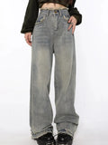 Waist Straight Tube Washed Jeans Women's Vintage Raw Edge Baggy Denim Pants Streetwear American Style Wide Leg