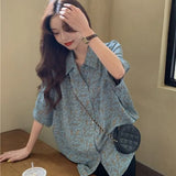Women Vintage Summer Turn Down Collar Print BF Style New Collection Feminine Cozy Simple All-match Unisex Chiffon