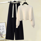 Winter Knitted Two Piece Set Women Casual Pullover Long Sleeve Knitting Sweater And Wide Leg Pants Sets For Women