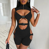 Summer Women Playsuits 2022 New Sexy Outfits Zip-up Sleeveless Hollow Out Bandage Short Jumpsuit Rompers Night Club