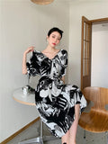 Gothic Backless Long Dress Women Black Print V Neck Lace Up Summer Tunics Ladies Midi Dress 2021 Fashion