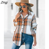 PETAL Brown Plaid Long Sleeve Blouse For Woman Casual Button Up Shirts Top 2023 Spring Autumn Blouses