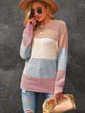 Knitted Stripes Loose Crew Neck Pullover Sweater 2022 Autumn Winter Women's Clothing Casual Long Sleeves Cover Up