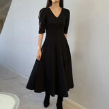 French Style Puff Sleeve Fashion Black Wedding Maxi Dresses for Women Party V-Neck Evening Long Dress Elegant Summer
