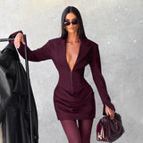 Women's Autumn And Winter New Temperament Solid Color V Collar Folding Waist Suit