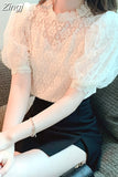 Blouse Women Sweet Stand Collar Elegant Korean Shirt Summer Puff Short Sleeve Tops Flower Crochet Ladies Blusas Mujer