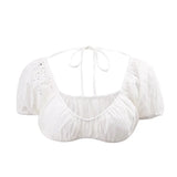 Y2K Streetwear Sexy Backless Lace Up White Crop Tops 90s Vintage Cute Floral U-neck Puff Sleeve T-shirt Women Hollow