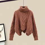 Winter Vintage Two Piece Sets Women Outfit Ladies Warm Thick Twist Turtleneck Knitted Sweater+mesh Skirt Set Women
