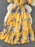 Bohemian Floral Chiffon Long Dress Women Sexy Off Shoulder Ruffle Puff Short Sleeve High Waist A-Line Big Swing