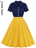 Women Vintage Pinup Dresses 50s Yellow Patchwork Turn Down Collar Button Sundress Elegant Rockabilly Party Swing