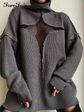 Y2K Knitted Pullover Loose Autumn Winter Turtleneck Top Outfits Black 2022 Hollow Out Oversized Jumper Women