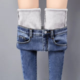 Jeans Pants For Women Plus Size Winter Blue Light blue Solid Skinny Fleeces Thick Pencil Pants with Velvet Denim
