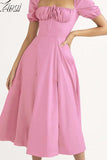 off shoulder pink women summer long dress Puff short sleeve slash neck solid a-line split beach party sundress