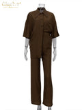 Causal Loose Trouser Suits Autumn Short Sleeve Blouse With High Wasit Pants Set Women Elegant Brown 2 Piece Pants