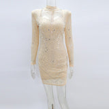 Sexy Blue Crystal Mesh Patchwork Mini Dress Women Long Sleeve Hot Drilling Bodycon Birthday Party Clubwear