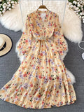 Floral Midi Dress Women Elegant V-Neck Lantern Long Sleeve High Waist Draped A-Line Casual Vestidos Female Spring