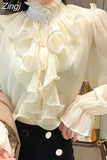 Stand Collar Chiffon Lace Shirts Korean Ruffles Stitching Elegant Button Blouse Woman Long Flare Sleeve Loose Tops