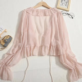 Ruffles Chiffon Sun Protection Shirt Women Solid Lace Up Flare Sleeve Sunscreen Blouses Cardigan Loose Casual Thin