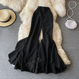 New Fashion Ruffle Flare Pants Black Women Bodycon High Waist Bell-Bottoms Pant Chic Solid Color Trouser